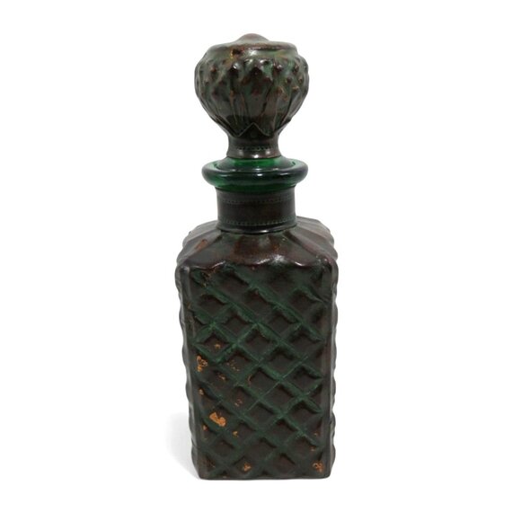 Green Glass DECANTER with LEATHER Wrap and Diamond X Pattern 10" 1960s Vintage - Picture 7 of 13